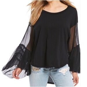 Free People Mesh Sleeve Oversized Top Still Got It Tee Black XS